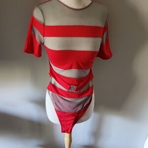 Red and Gray Striped Bodysuit